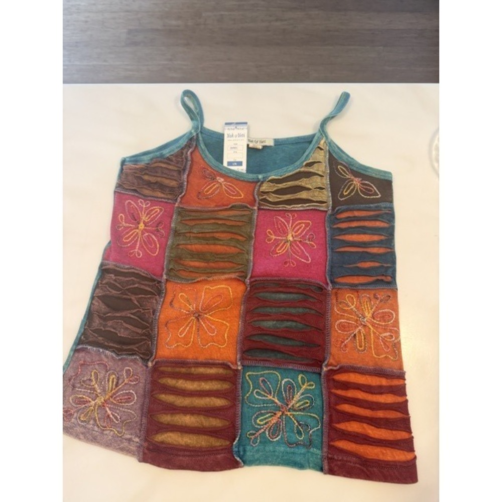 26465 T TEAL Yak & Yeti Boho Razor Cut Patch Embroidered Tank Top Various Sizes